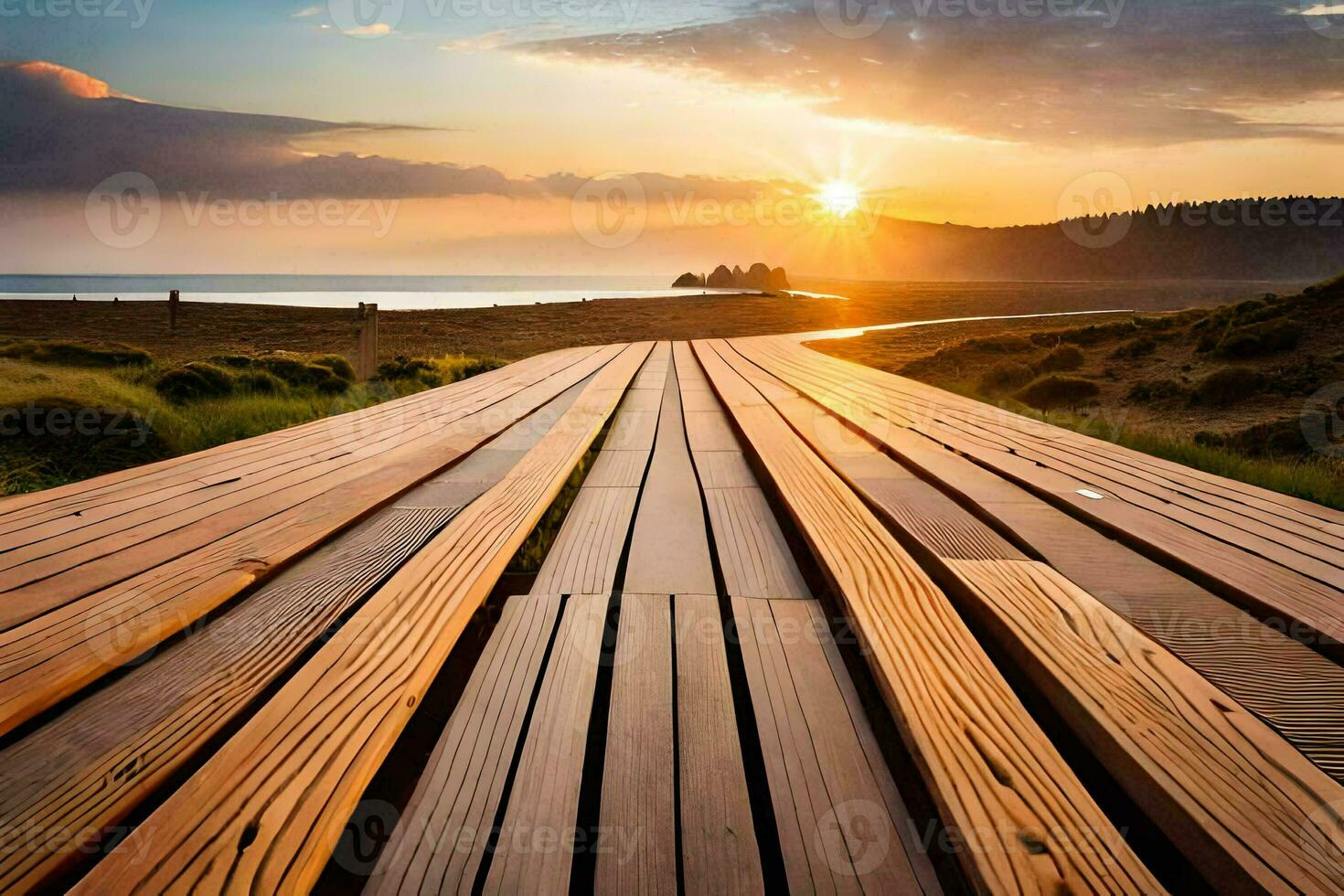 en trä- gångväg leder till de strand på solnedgång. ai-genererad foto