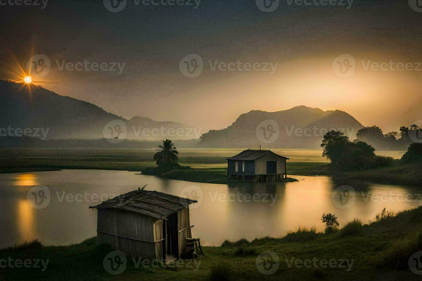 de Sol stiger över en sjö och två små hus. ai-genererad foto