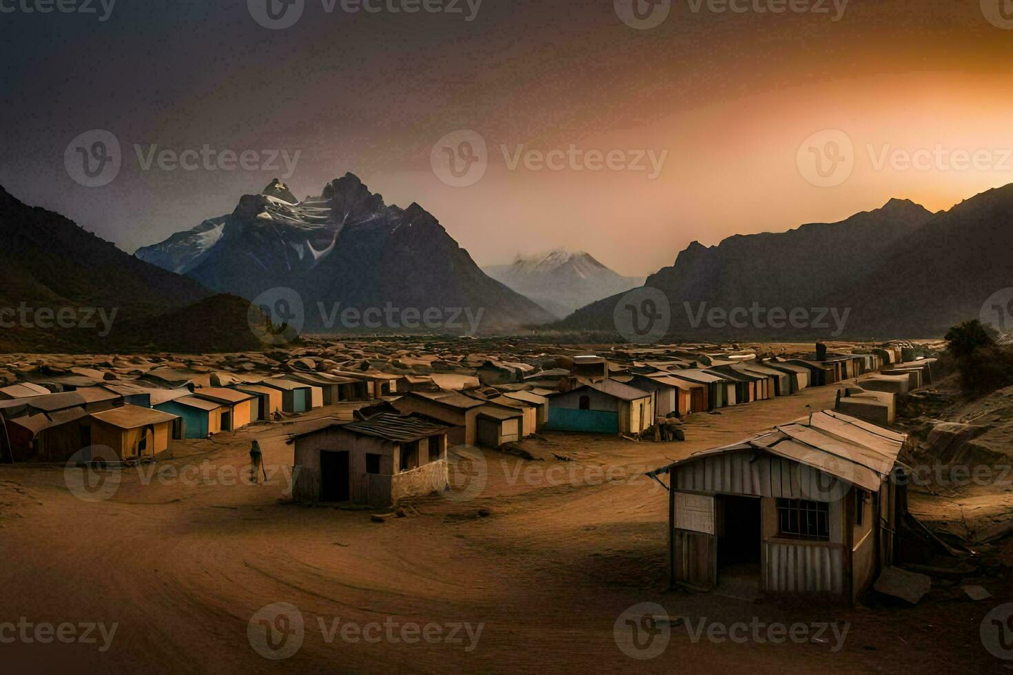 en by av hyddor i de öken- med bergen i de bakgrund. ai-genererad foto