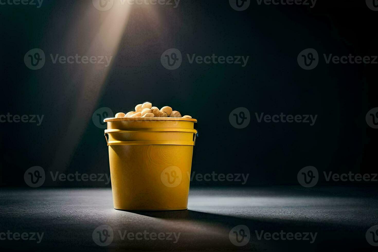 en hink av popcorn på en mörk tabell. ai-genererad foto