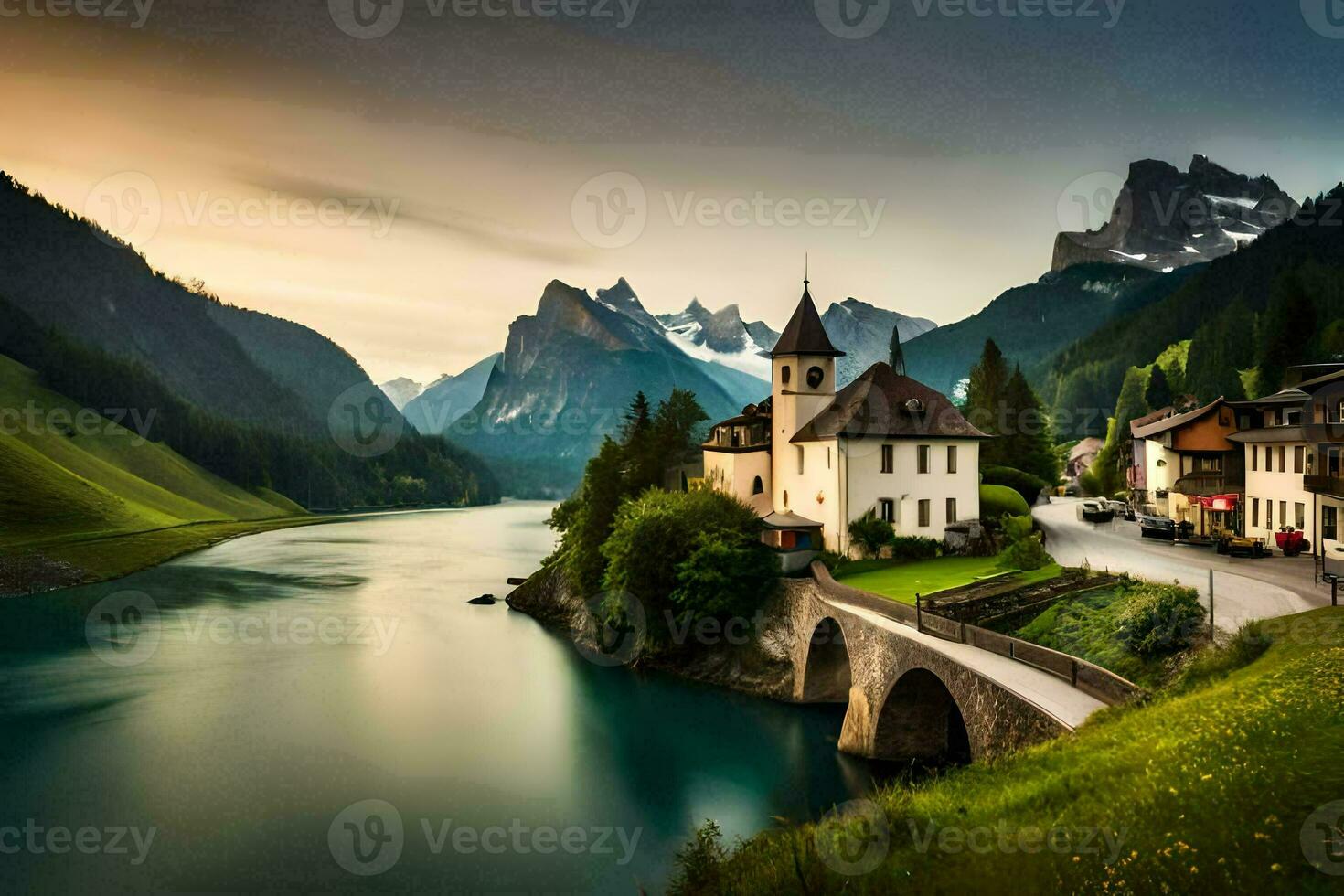 en skön berg by med en bro över en flod. ai-genererad foto