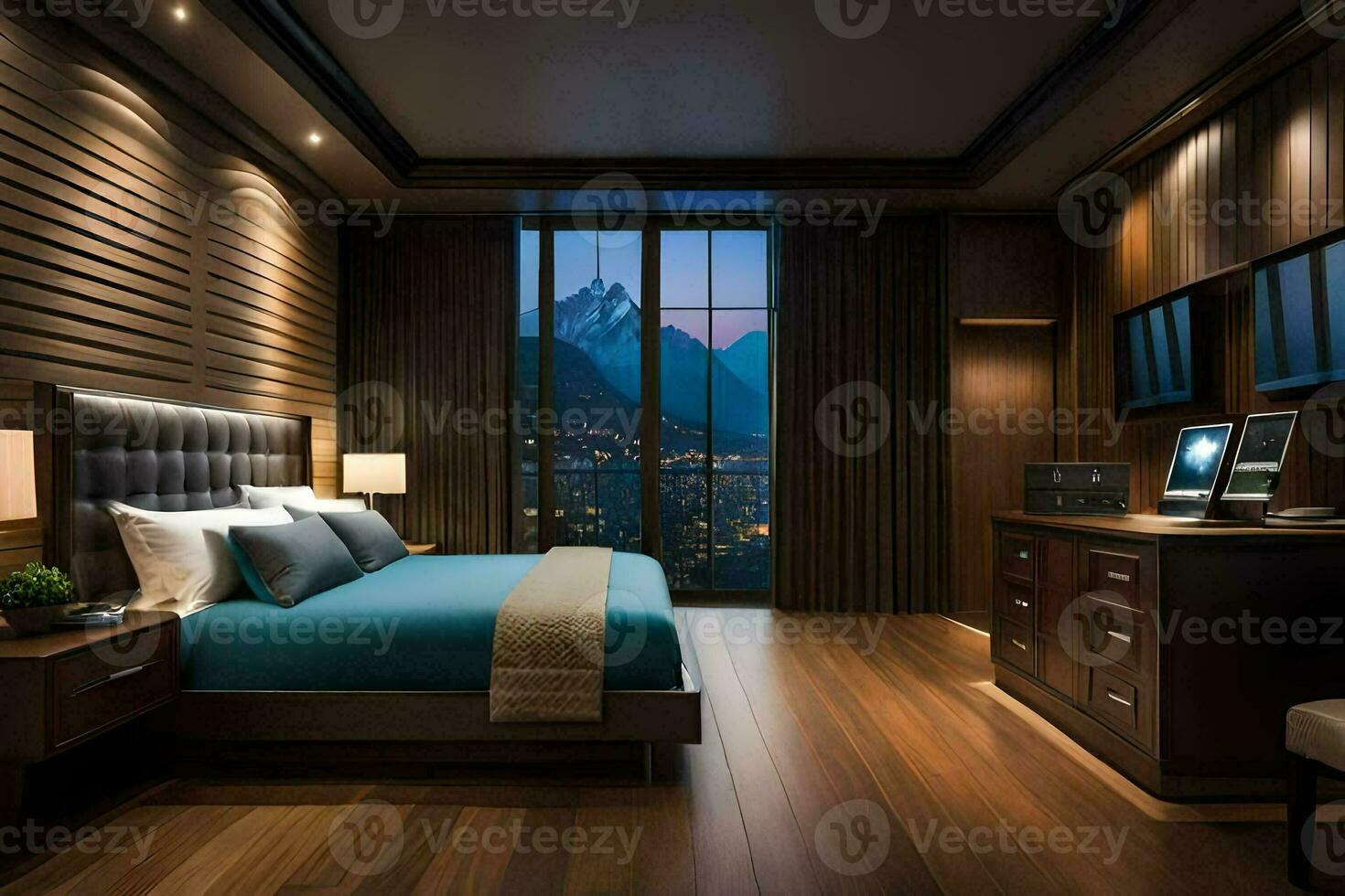 en sovrum med en stor säng och trä- väggar. ai-genererad foto