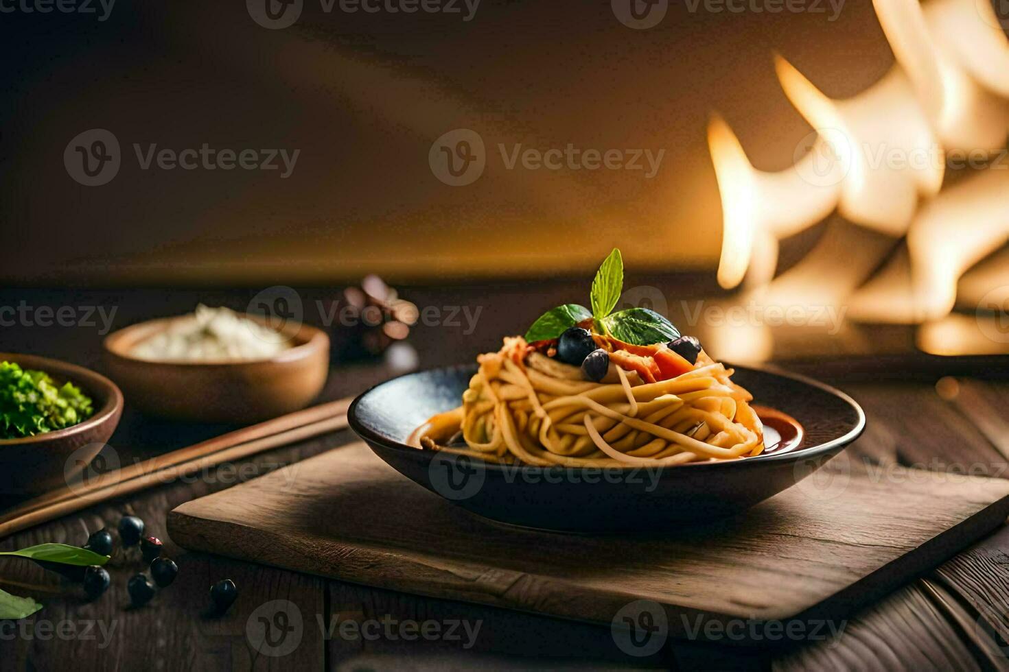 spaghetti i en skål med en trä- tabell. ai-genererad foto