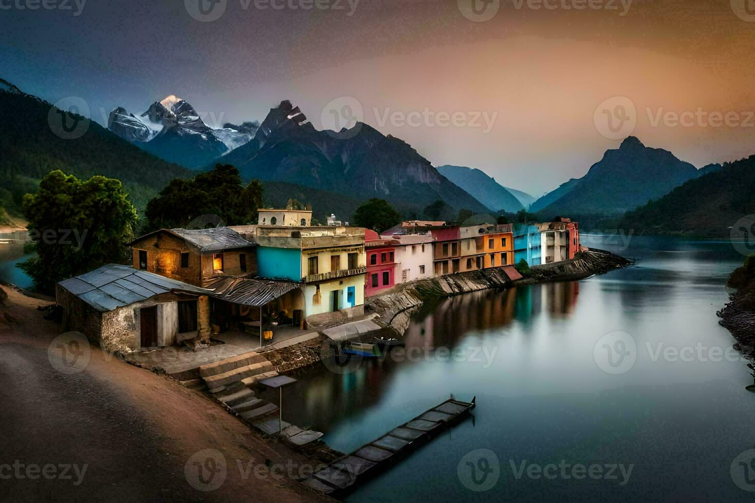 färgrik hus sitta på de banker av en flod. ai-genererad foto
