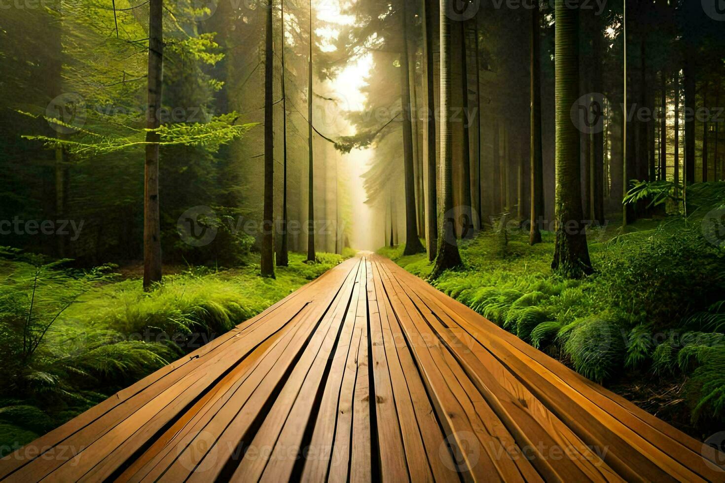 en trä- väg i de mitten av en skog. ai-genererad foto