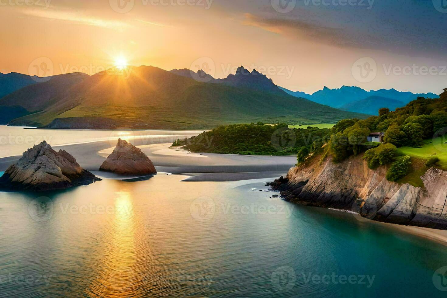 de Sol uppsättningar över en strand och berg. ai-genererad foto