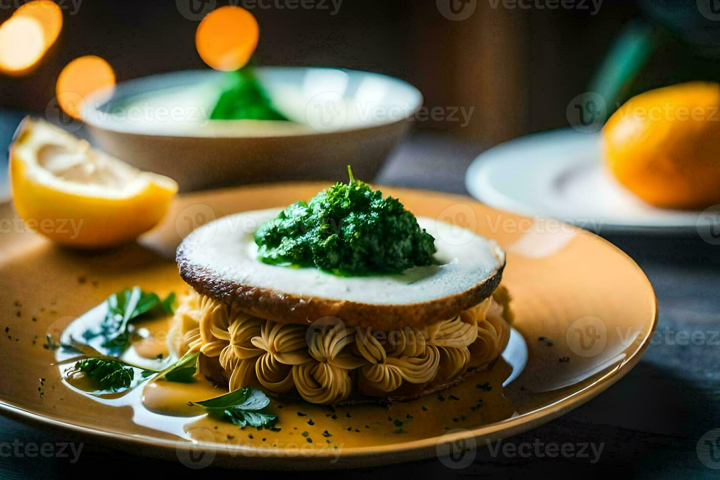 en tallrik med pasta och en grön sås. ai-genererad foto