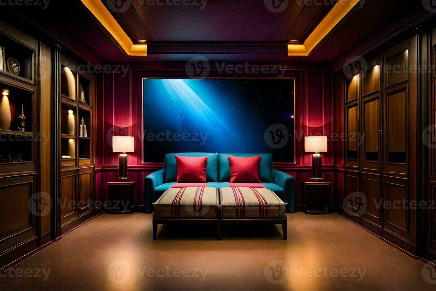 en sovrum med en blå soffa och en vägg väggmålning. ai-genererad foto