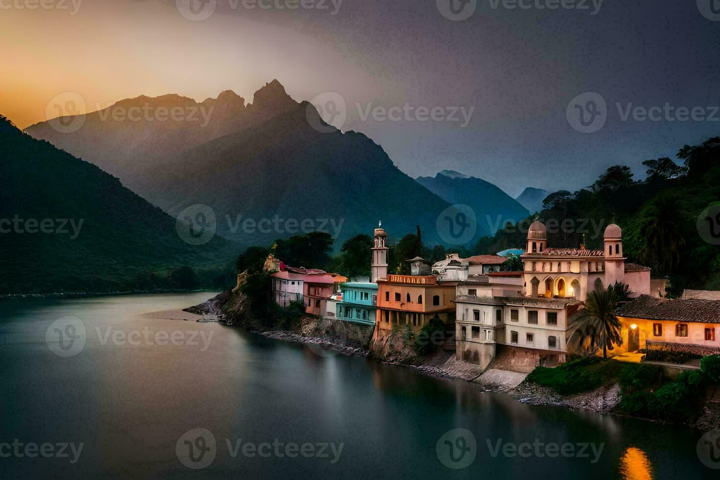 Foto tapet de himmel, berg, flod, hus, solnedgång, de stad, Indien,. ai-genererad