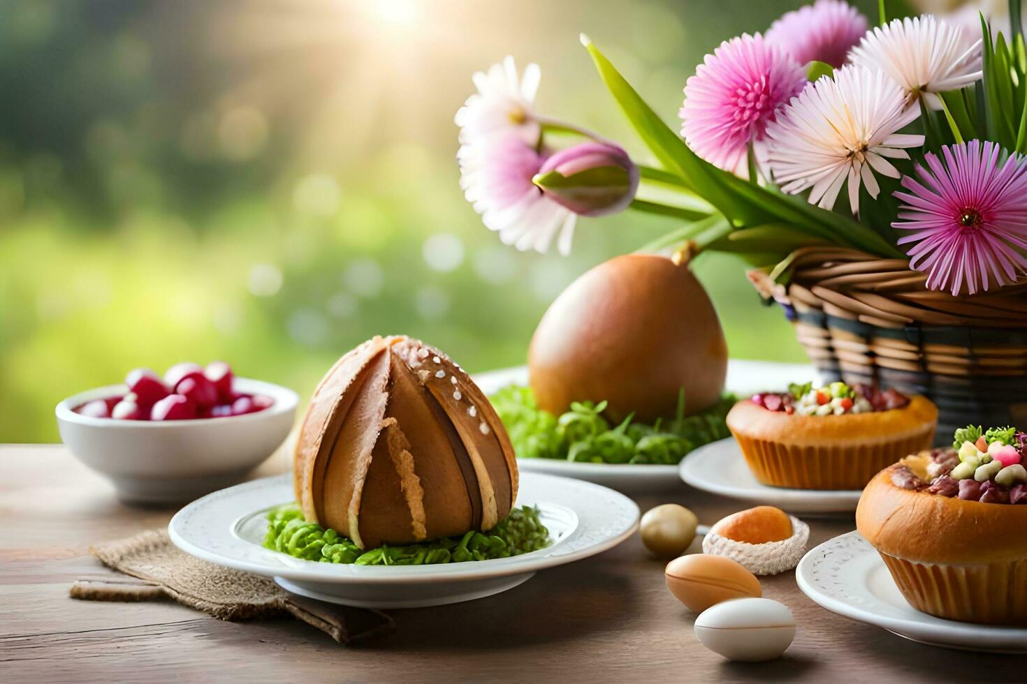 påsk ägg, muffins och blommor på en tabell. ai-genererad foto