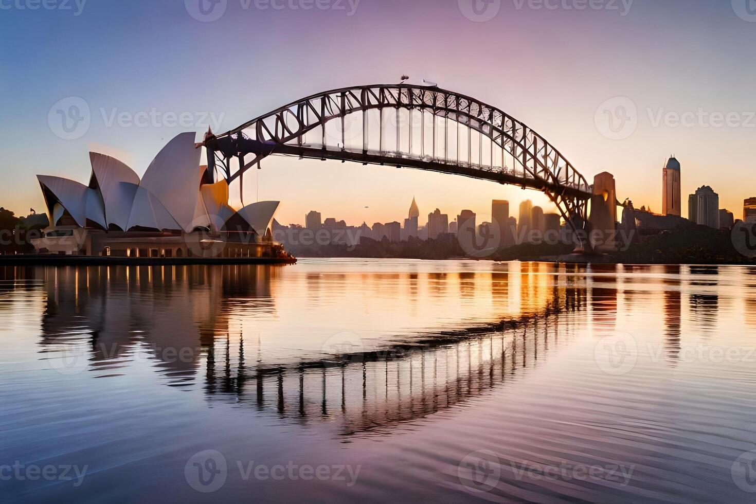 sydney hamn bro och opera hus på solnedgång. ai-genererad foto