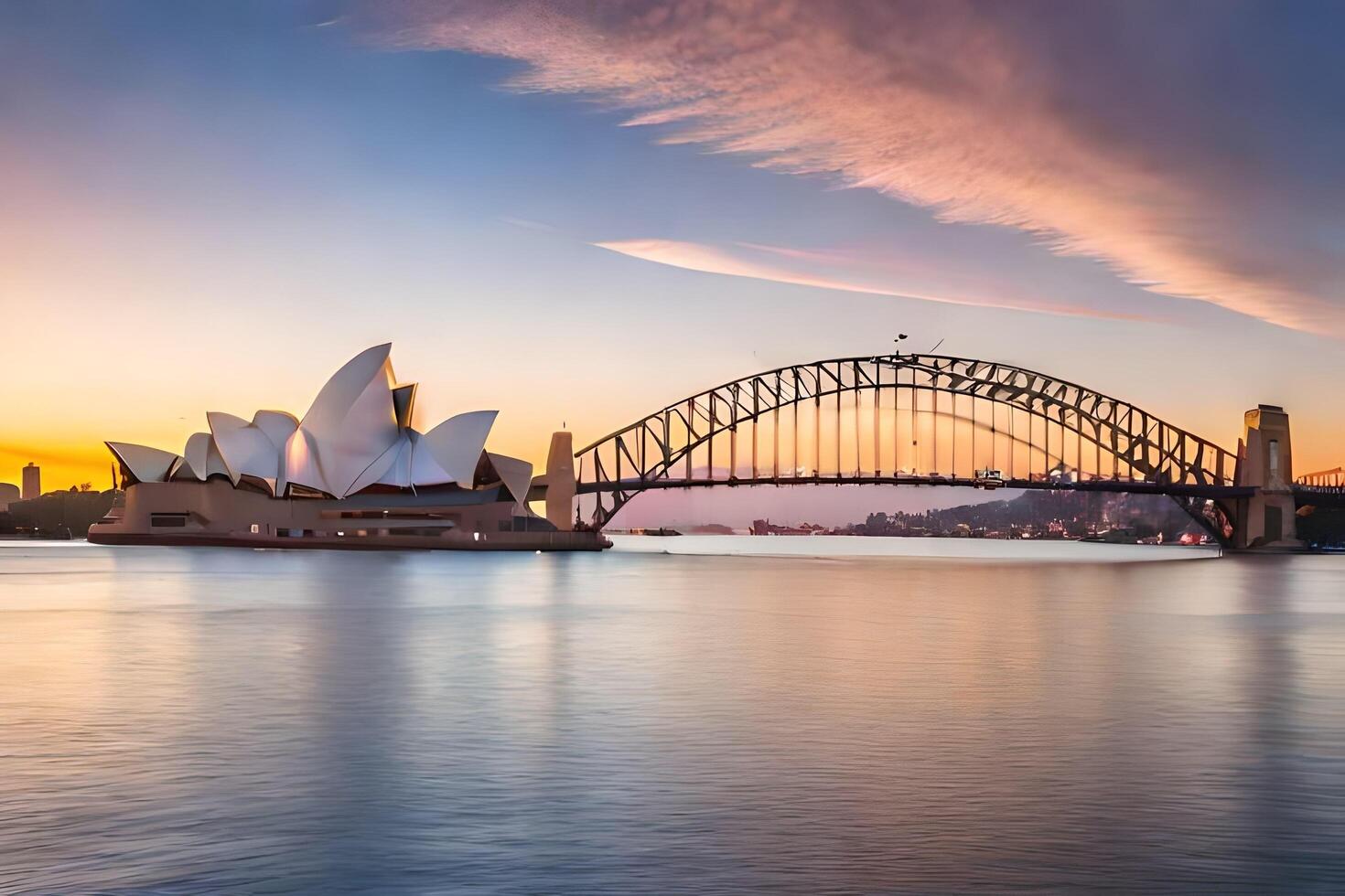 de sydney opera hus och bro på solnedgång. ai-genererad foto