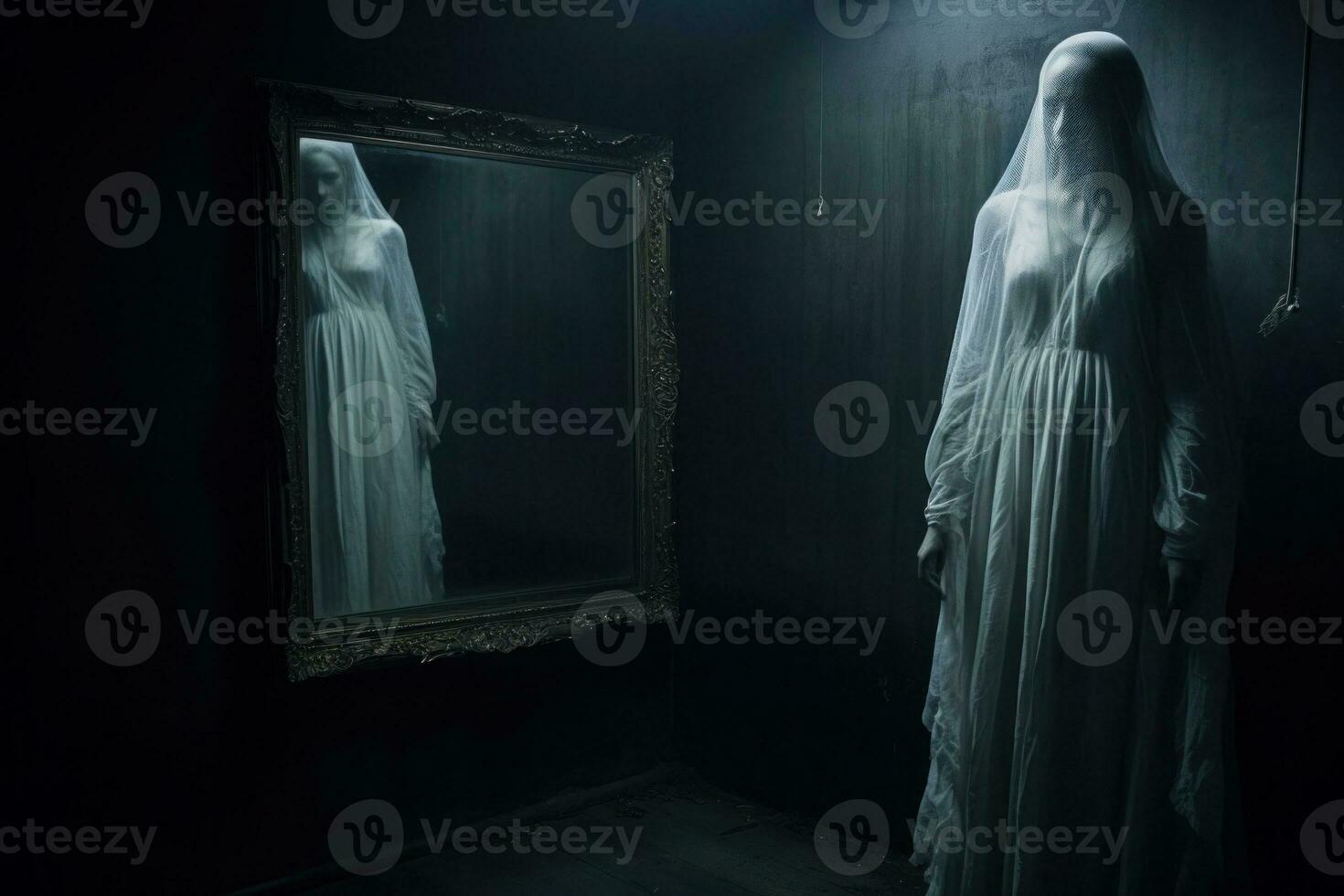kuslig spöke reflexion i spegel. generativ ai foto