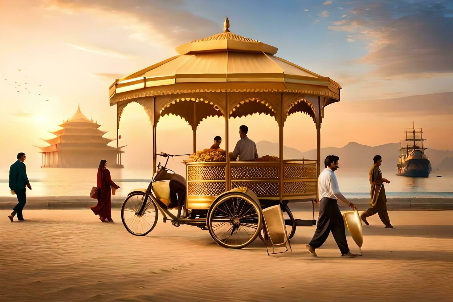en gyllene vagn med människor gående runt om den på de strand. ai-genererad foto