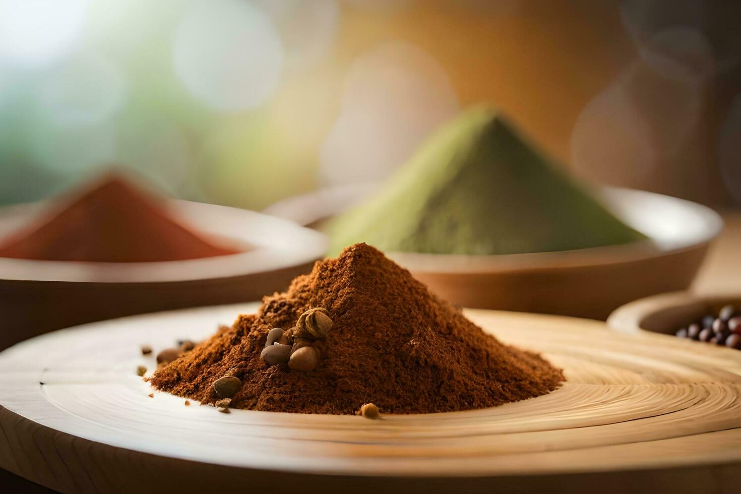 tre annorlunda typer av kryddor är på en trä- tabell. ai-genererad foto