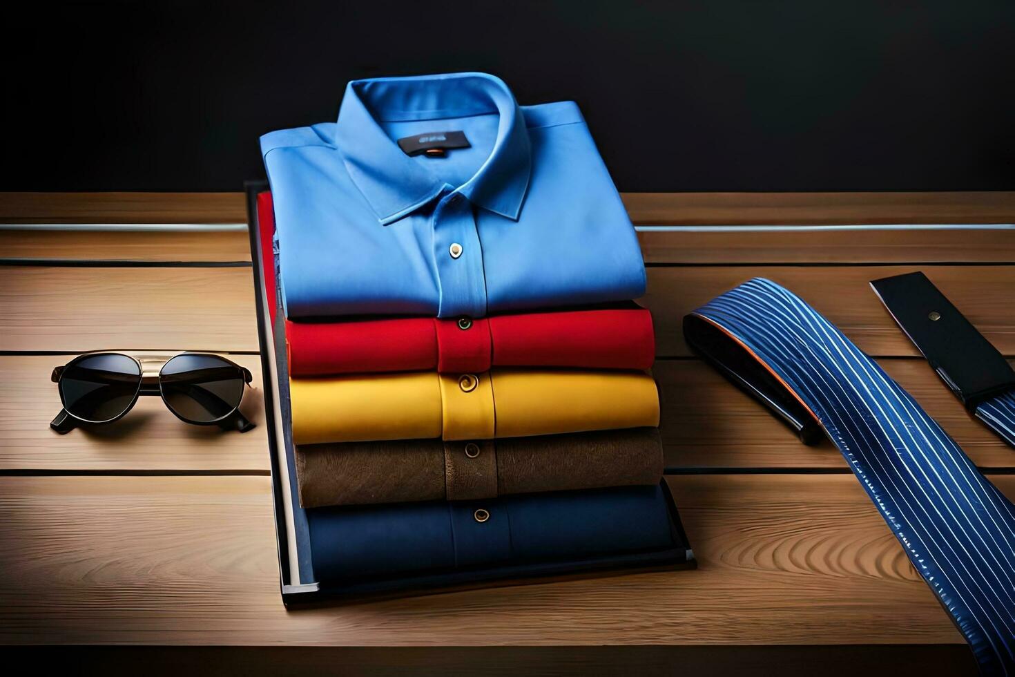 en stack av färgrik shirts och ties på en trä- tabell. ai-genererad foto