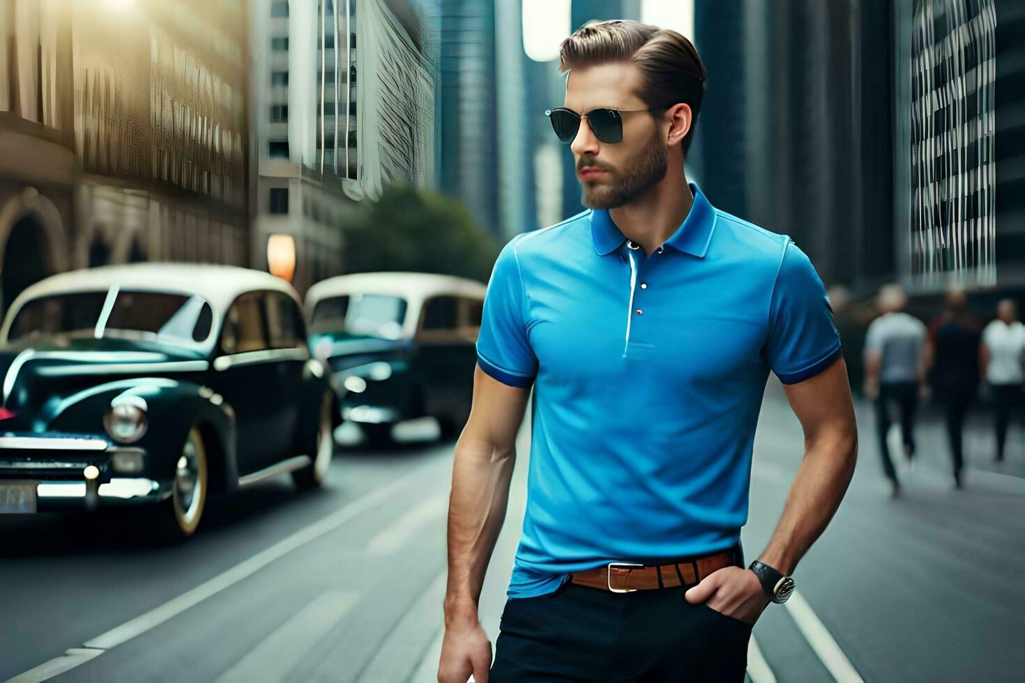 en man i en blå polo skjorta och solglasögon gående ner de gata. ai-genererad foto