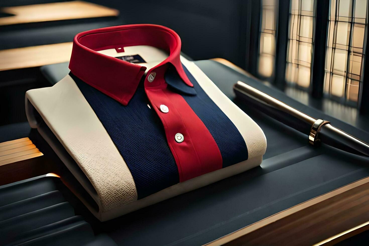 en röd, vit och blå skjorta på en skrivbord. ai-genererad foto