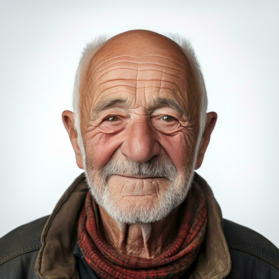 en Lycklig äldre man leende för de kamera isolerat. foto
