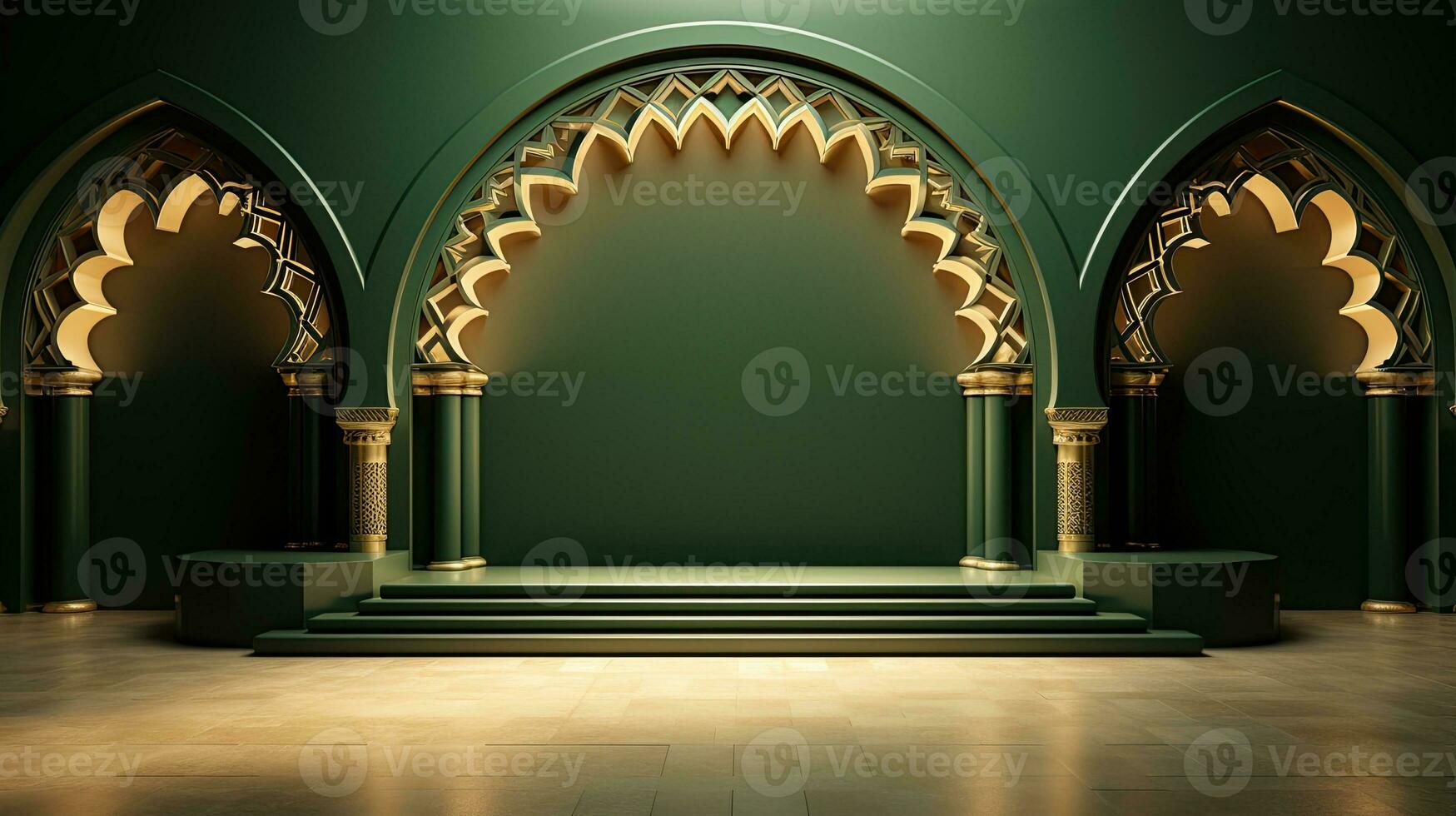 grön podium med beige element i arabicum minimalistisk stil. podium i de stil av ramadan, eid mubarak.ai genererad foto