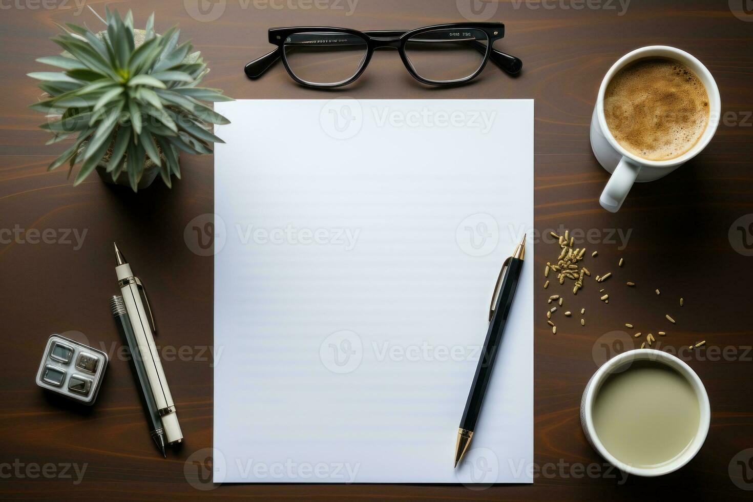 ett kontor skrivbordet en stack av a4 vit papper, en penna, en kopp av kaffe. generativ ai foto