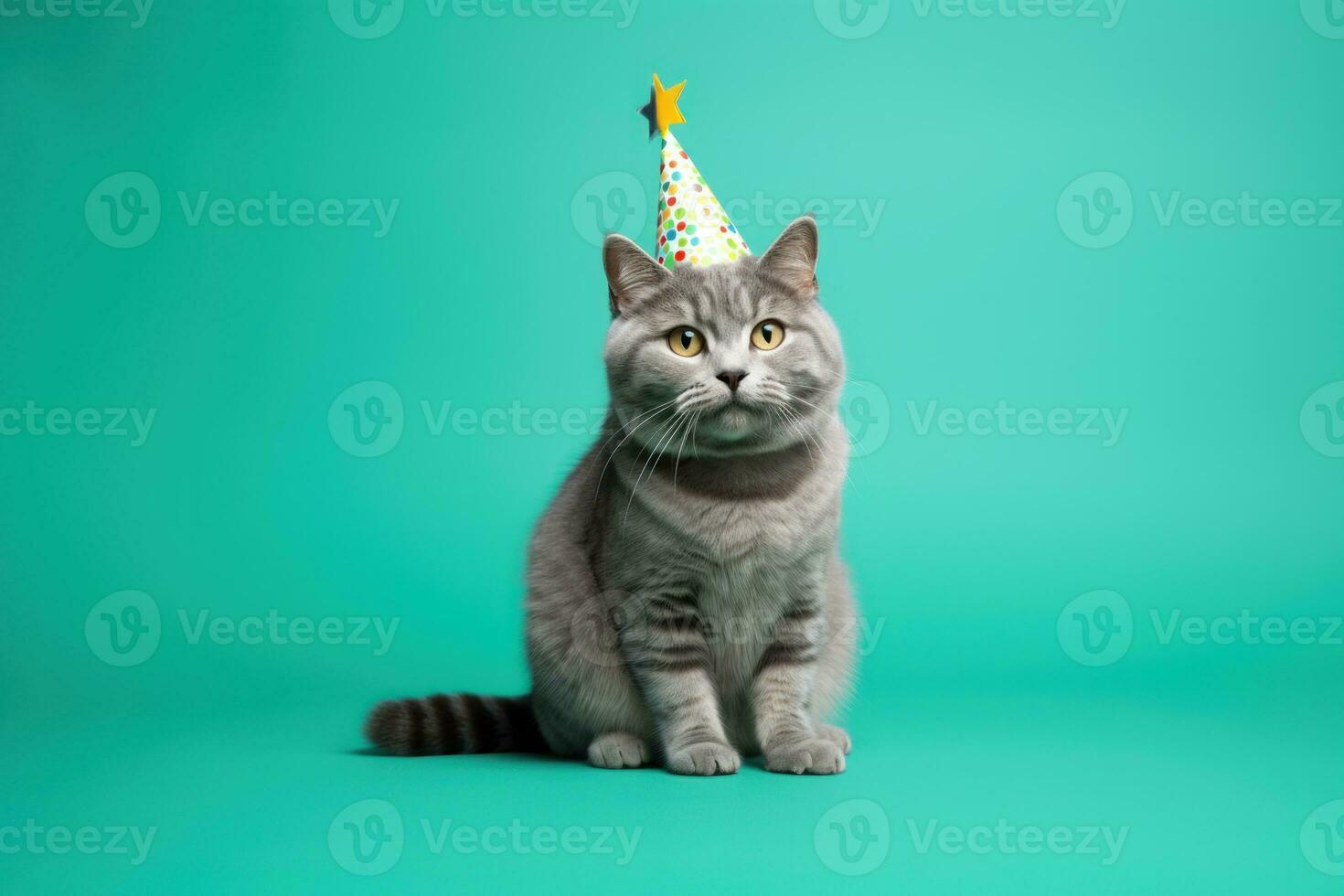 Lycklig katt fira födelsedag med fest hatt på, isolerat på blå bakgrund. generativ ai foto
