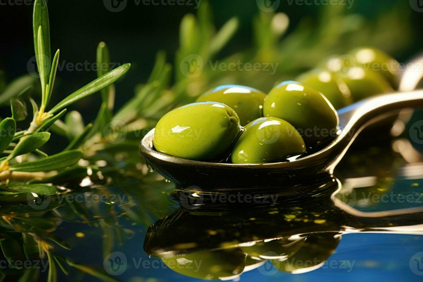 oliver på en sked på en grön bakgrund med olja och oliv löv. generativ ai foto