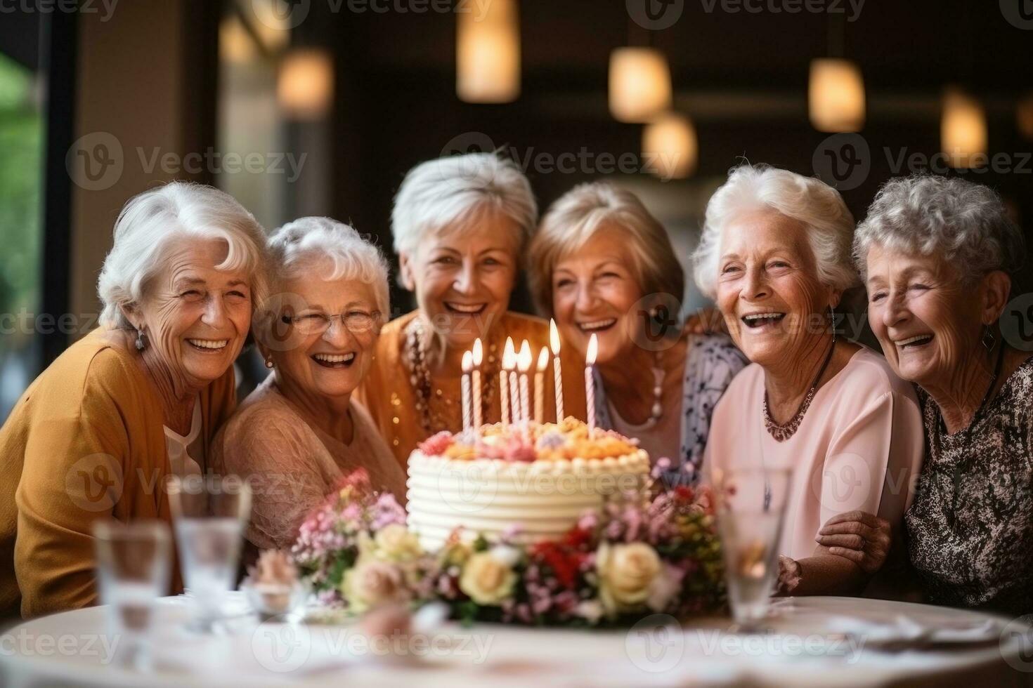 senior kvinnor och vänner ljus på födelsedag kaka för en firande. generativ ai foto