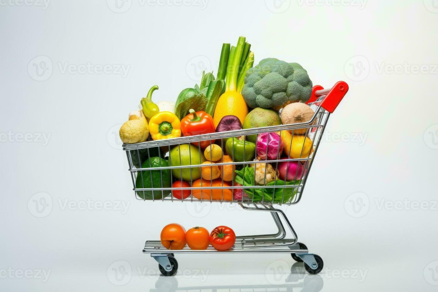 handla vagn full med grönsaker och frukter. generativ ai foto