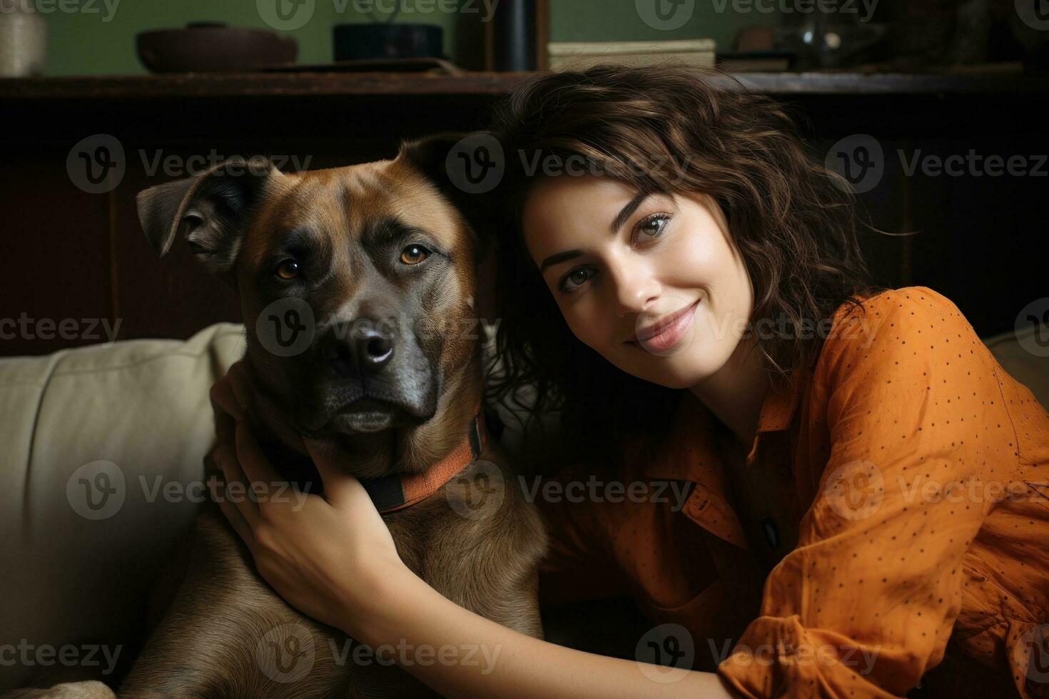 glad kvinna kramas älskad sällskapsdjur hund på Hem på de soffa, bäst vän, vänskap begrepp, generativ ai foto