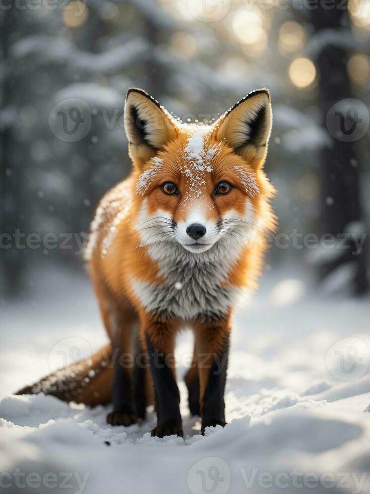 liten räv i de mitten av en snöig skog foto