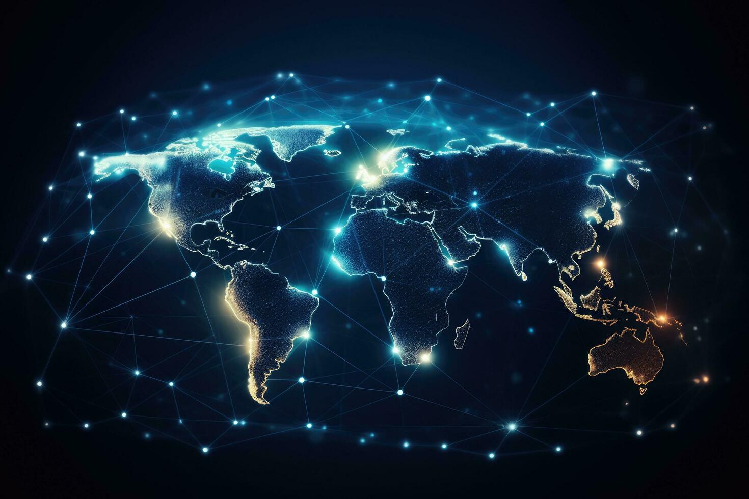 global nätverk förbindelse begrepp på mörk blå bakgrund. 3d tolkning, global nätverk förbindelse. värld Karta punkt och linje sammansättning begrepp av global företag, ai genererad foto