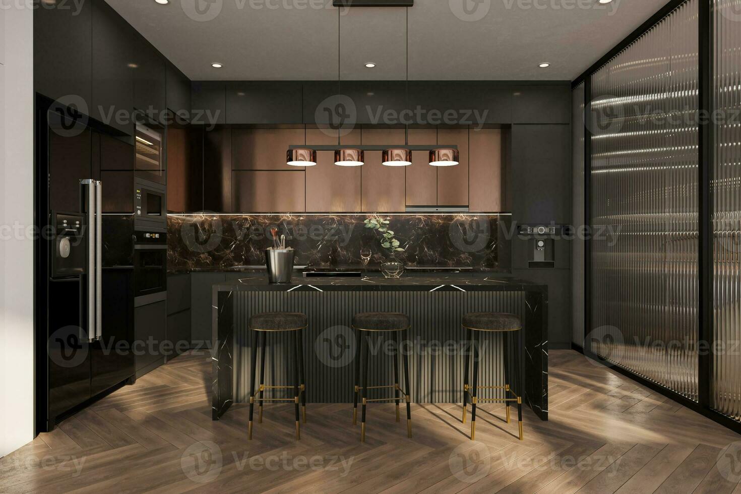 interiör av modern kök med svart och vit beröring, och parkett golv överallt, 3d tolkning foto