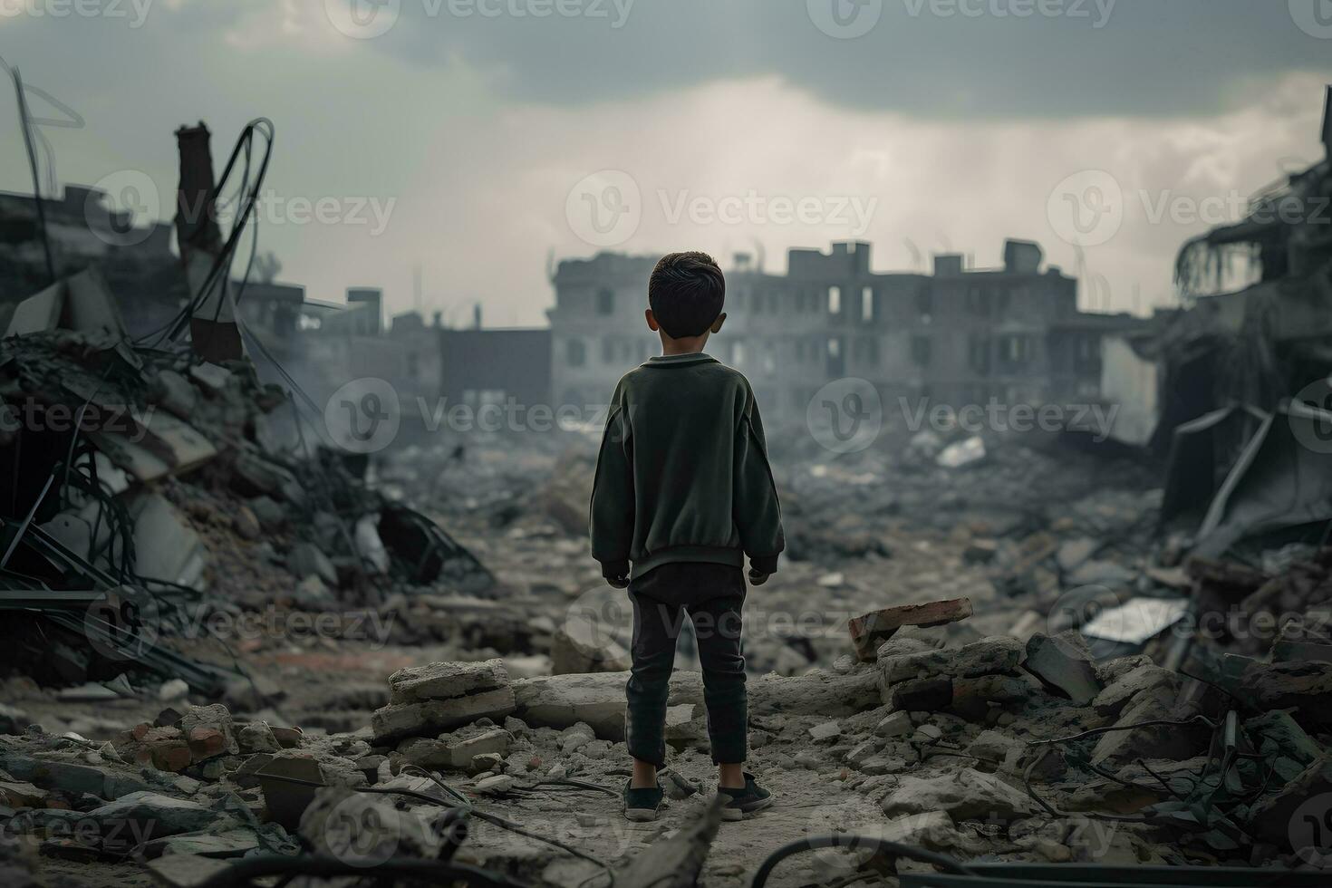 en barn är stående i främre av en förstörd byggnad eftersom av de krig. ai generativ bild foto