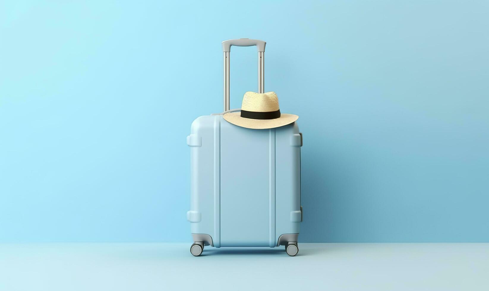blå resväska med solglasögon på en pastell blå bakgrund. resa begrepp. generativ ai foto