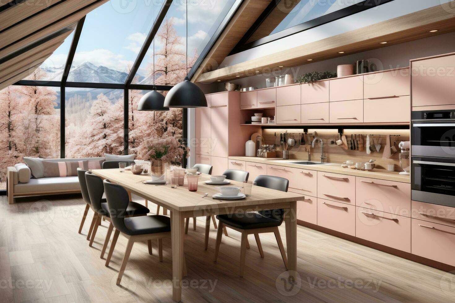 modern kök dekorerad trä och rosa tema ai genererad foto