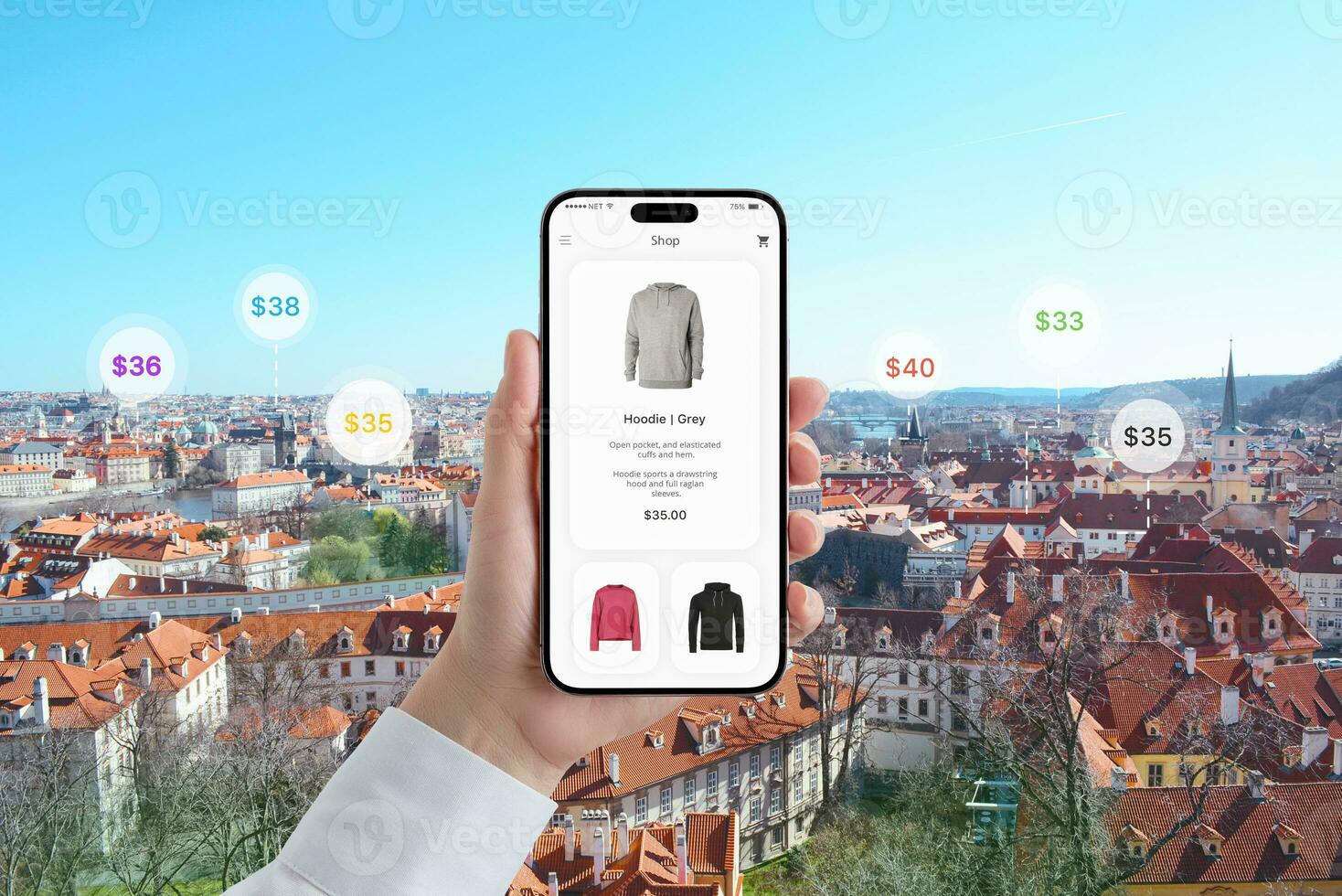 telefon i hand visas en handla app med en luvtröja. priser i de bakgrund av stad landskap foto