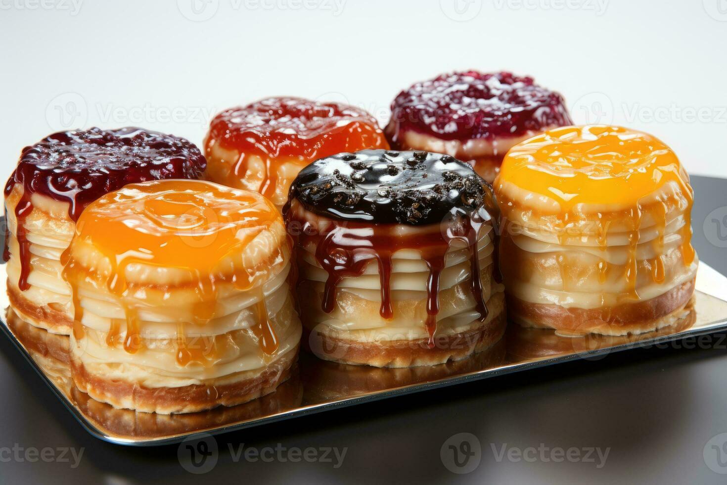 foton av tårtor i inomhus- kök tabell Foto studio ai genererad