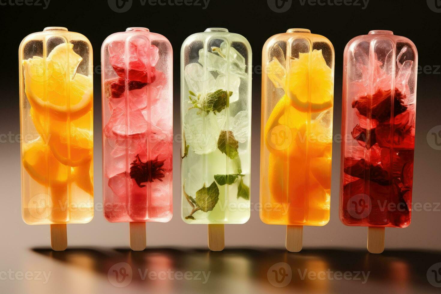 frukt vatten popsicles med färsk frukt skivor ai genererad foto
