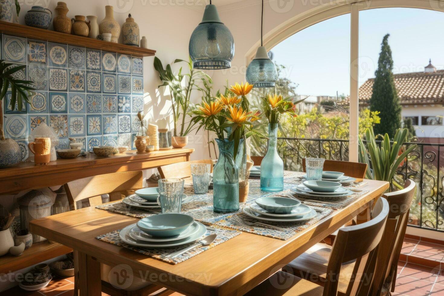 översikt marockansk plattor i de dining rum ai genererad foto