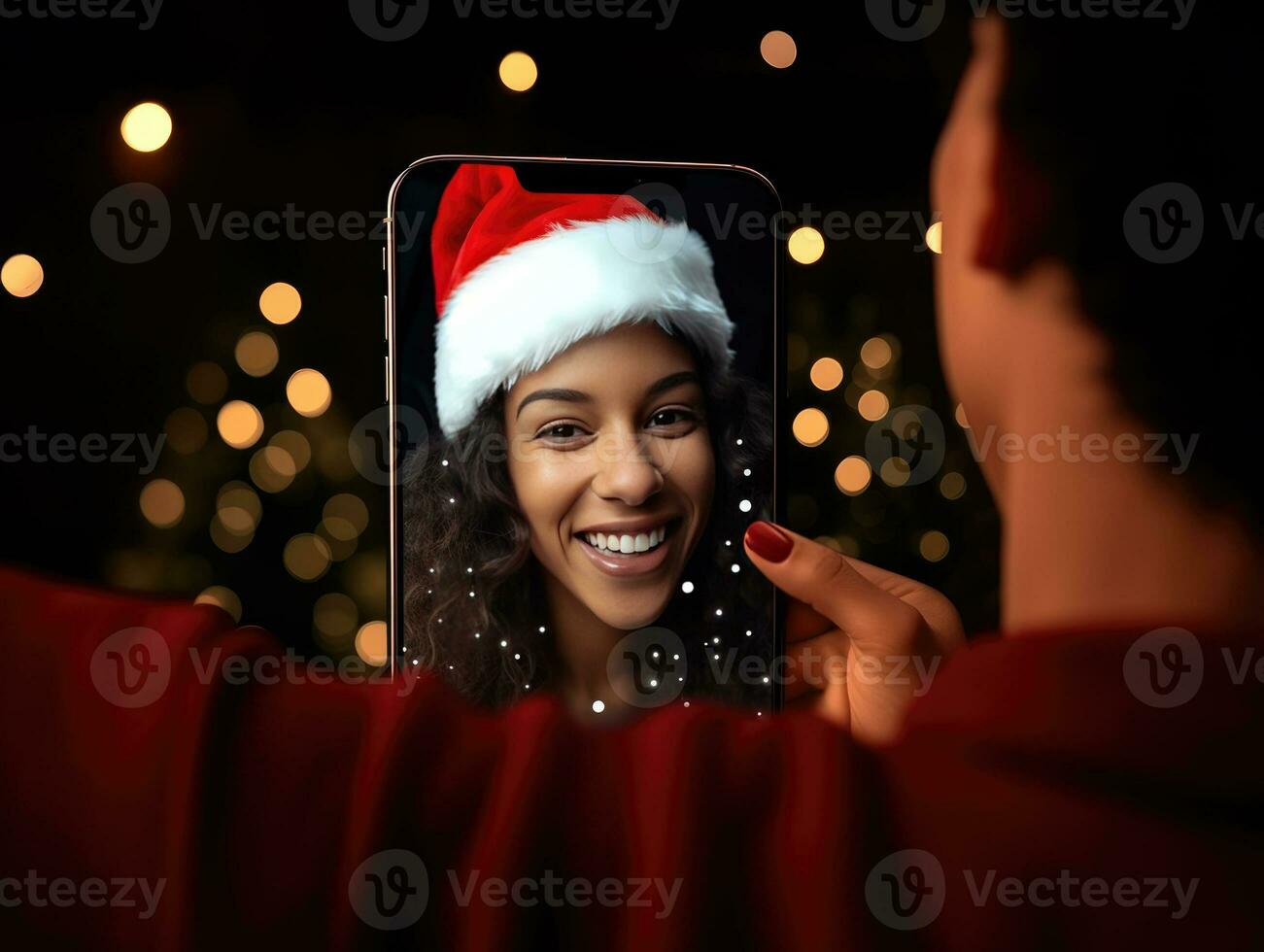 ai genererad ai generation. afrikansk amerikan kvinna bär santa hatt under en jul video ring upp foto