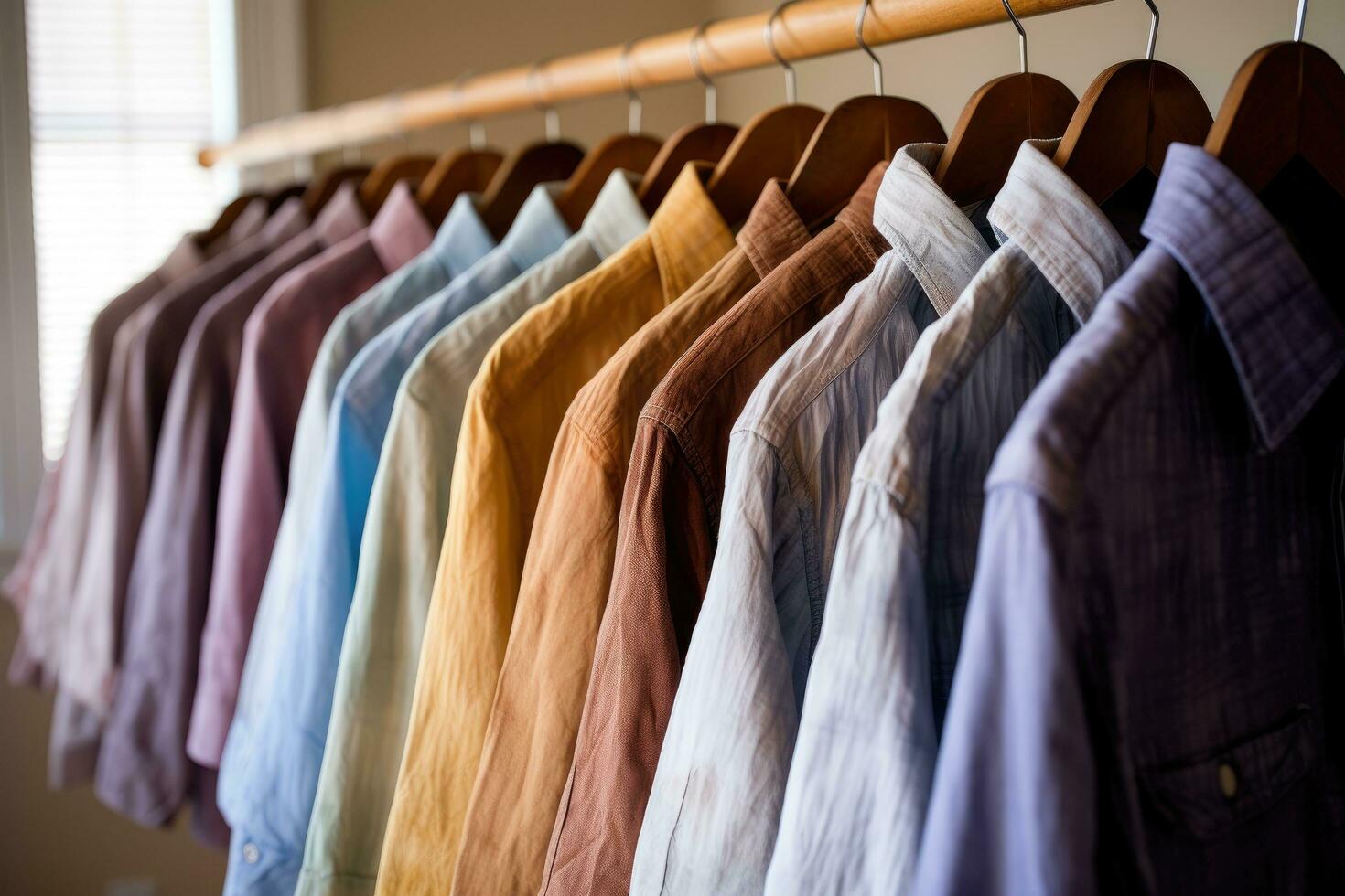 färgrik shirts hängande på en galge i en klä på sig rum, herr shirts tvättades och strukna, ai genererad foto