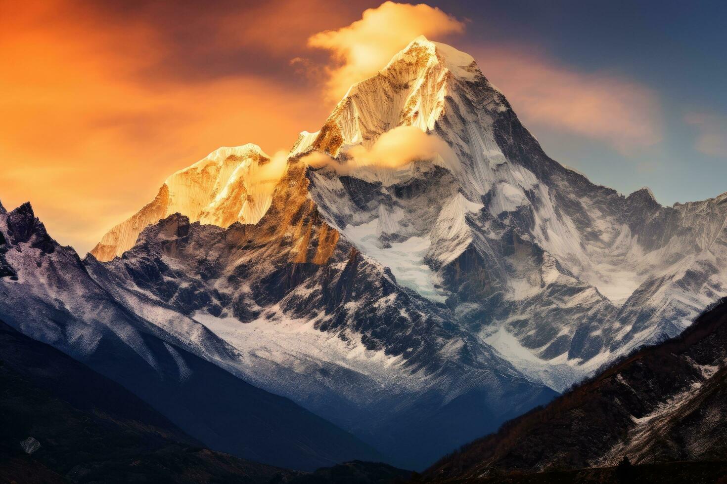 skön bergen landskap i cordillera blanca, peru, söder Amerika, berg landskap på solnedgång i himalaya, nepal, Asien, ai genererad foto