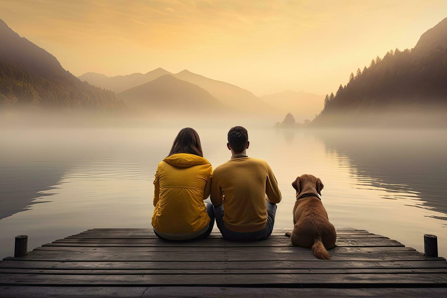 par Sammanträde på en pir och ser på en sjö på soluppgång, familj med en små gul hund vilar på en pir och ser på sjö och dimmig berg, ai genererad foto