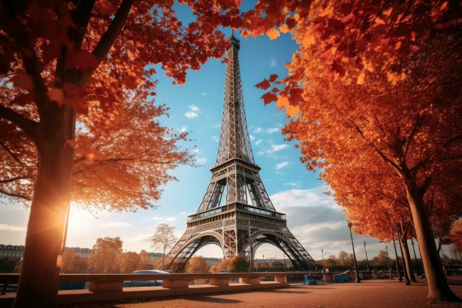 eiffel torn i paris, Frankrike. skön se av de eiffel torn under höst säsong, eiffel torn med höst löv i paris, Frankrike, ai genererad foto