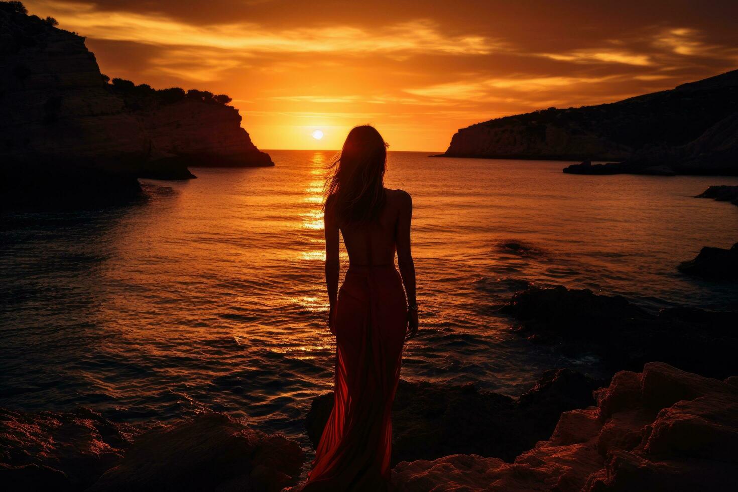 skön flicka i en lång kväll klänning på de havsstrand på solnedgång, episk röd solnedgång i cala llentrisca med modell , ibiza, ai genererad foto