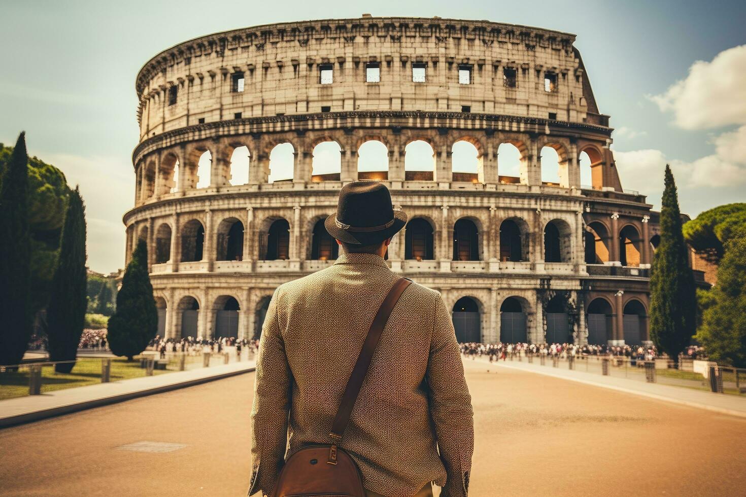 en ung man i en hatt och en täcka utseende på de colosseum i rom, Italien, manlig turist stående i främre av en sandig strand och tittar på de hav, bak- se, full kropp, ai genererad foto