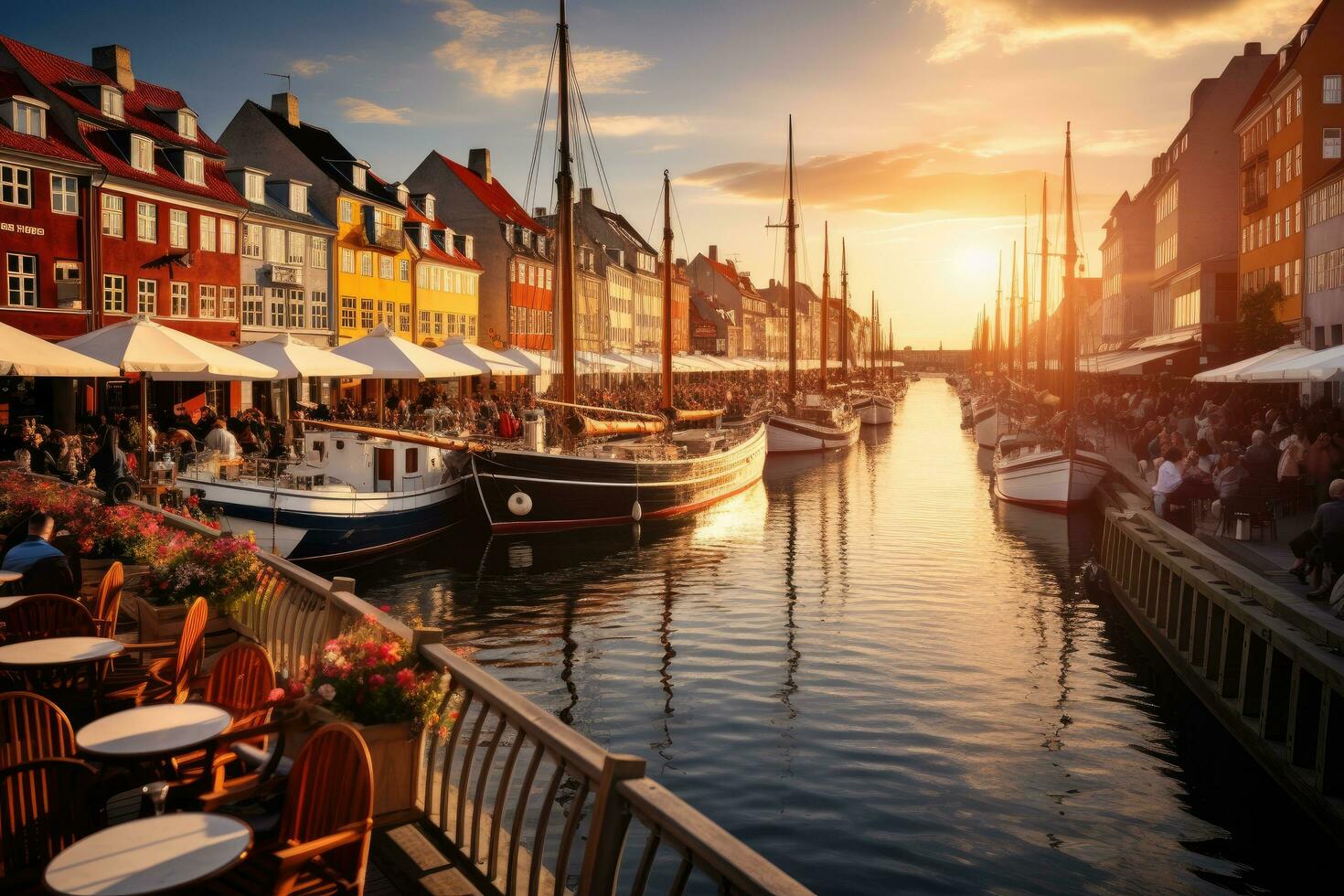 nyhavn är en kanal i köpenhamn, Danmark, nyhavn på gyllene timme, köpenhamn, Danmark, ai genererad foto