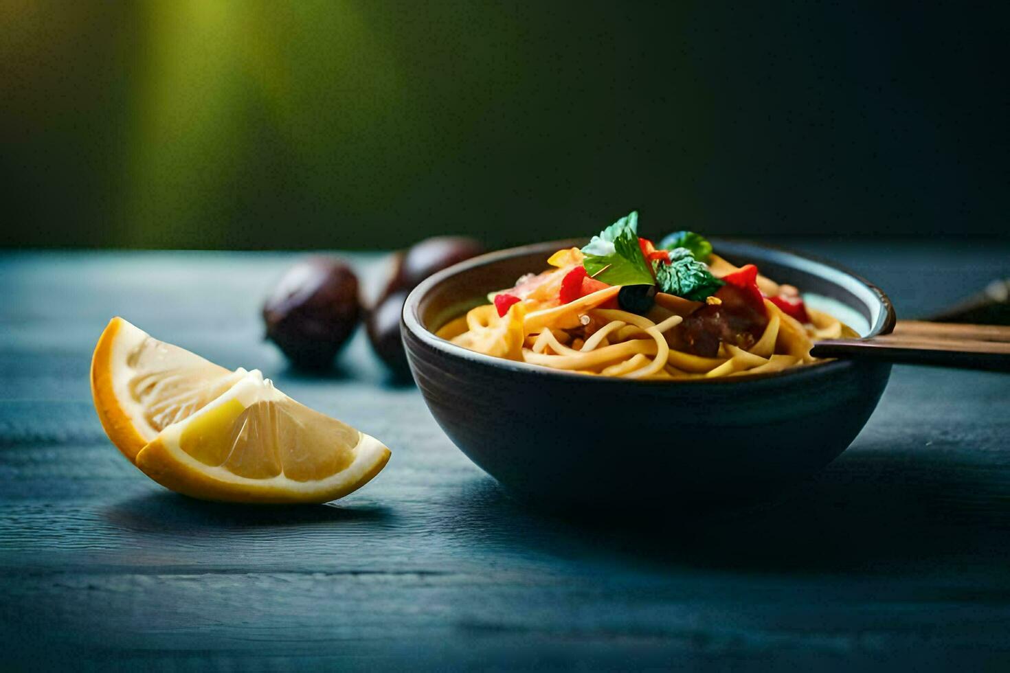 en skål av pasta med tomater och paprikor på en trä- tabell. ai-genererad foto