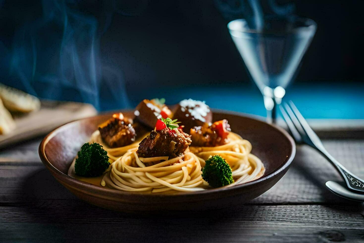 spaghetti med köttbullar och broccoli i en skål på en trä- tabell. ai-genererad foto